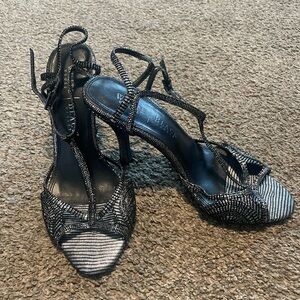 White House Black Market black and silver strappy heels